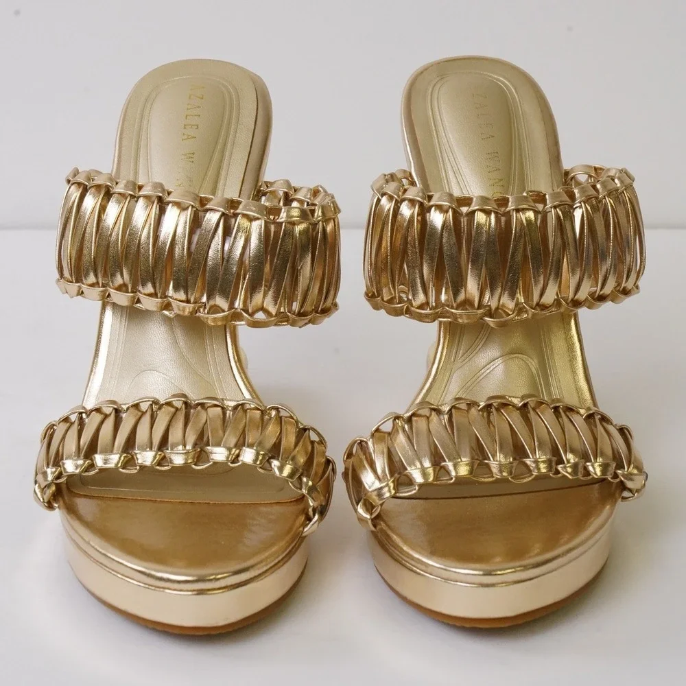 Azalea Wang, Rosamonde Gold Metallic Braided Woven Cutout Wedge Sandals Size 6